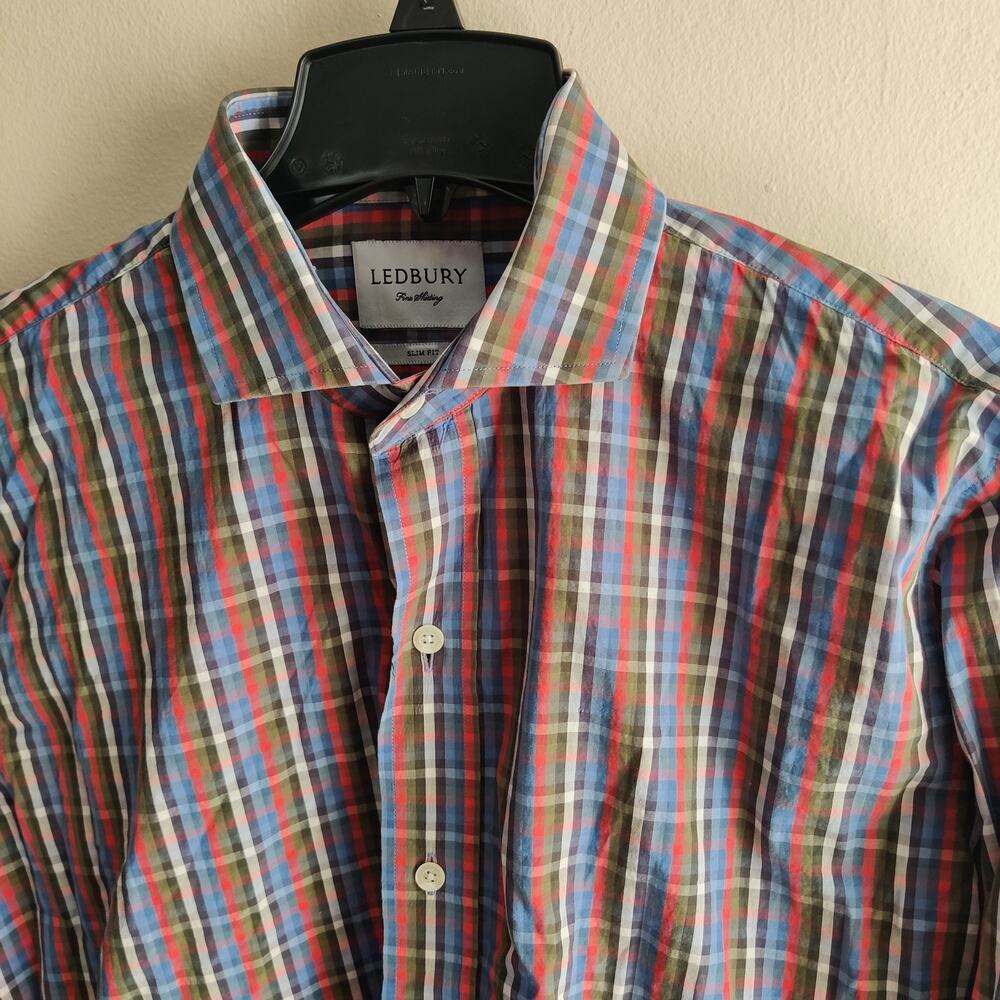 Ledbury Shirt Mens Medium Flannel Dress Fine Shirting Slim Fit Plaid Red‎ Blue